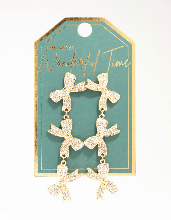 Gold Diamante Bows Drop Earrings