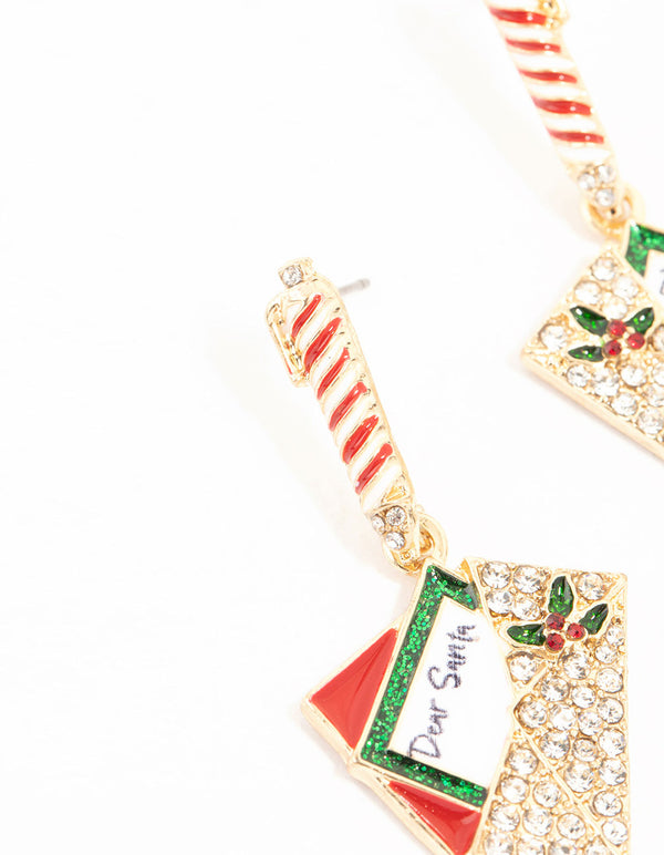 Gold Diamante Santa Letter Drop Earrings