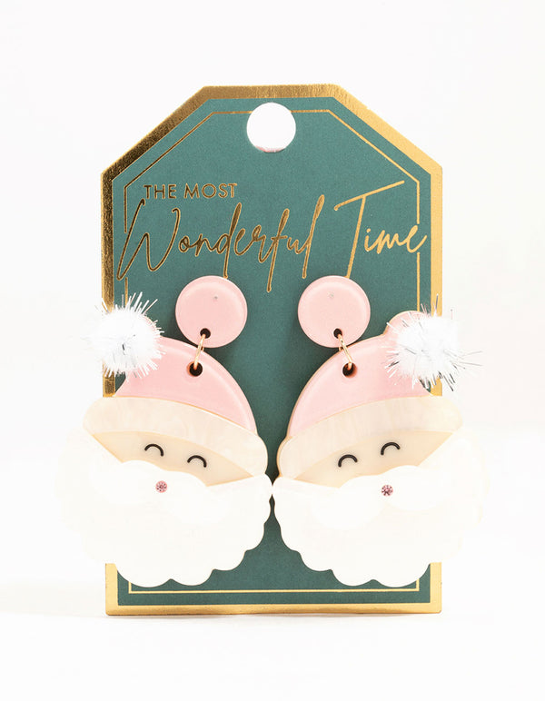 Pink Acrylic Santa Head Earrings