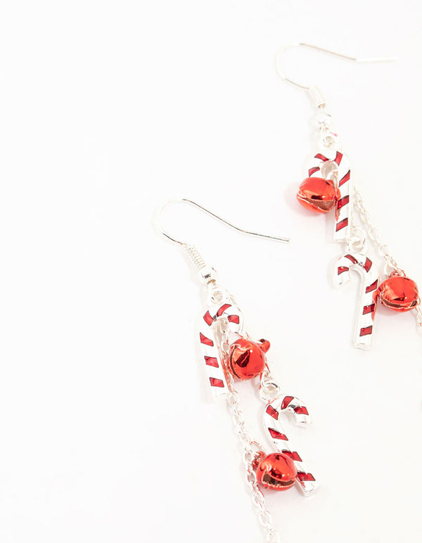 Silver Candy Canes & Bells Drop Earrings