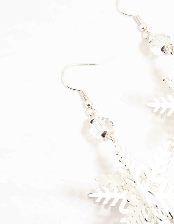 3D Snowflake Silver Drop Earrings