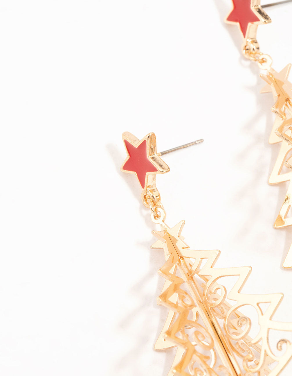 Gold Tree With Red Star Drop Earrings