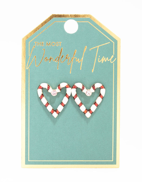 Pink & Red Candy Cane Heart Gold Stud Earrings