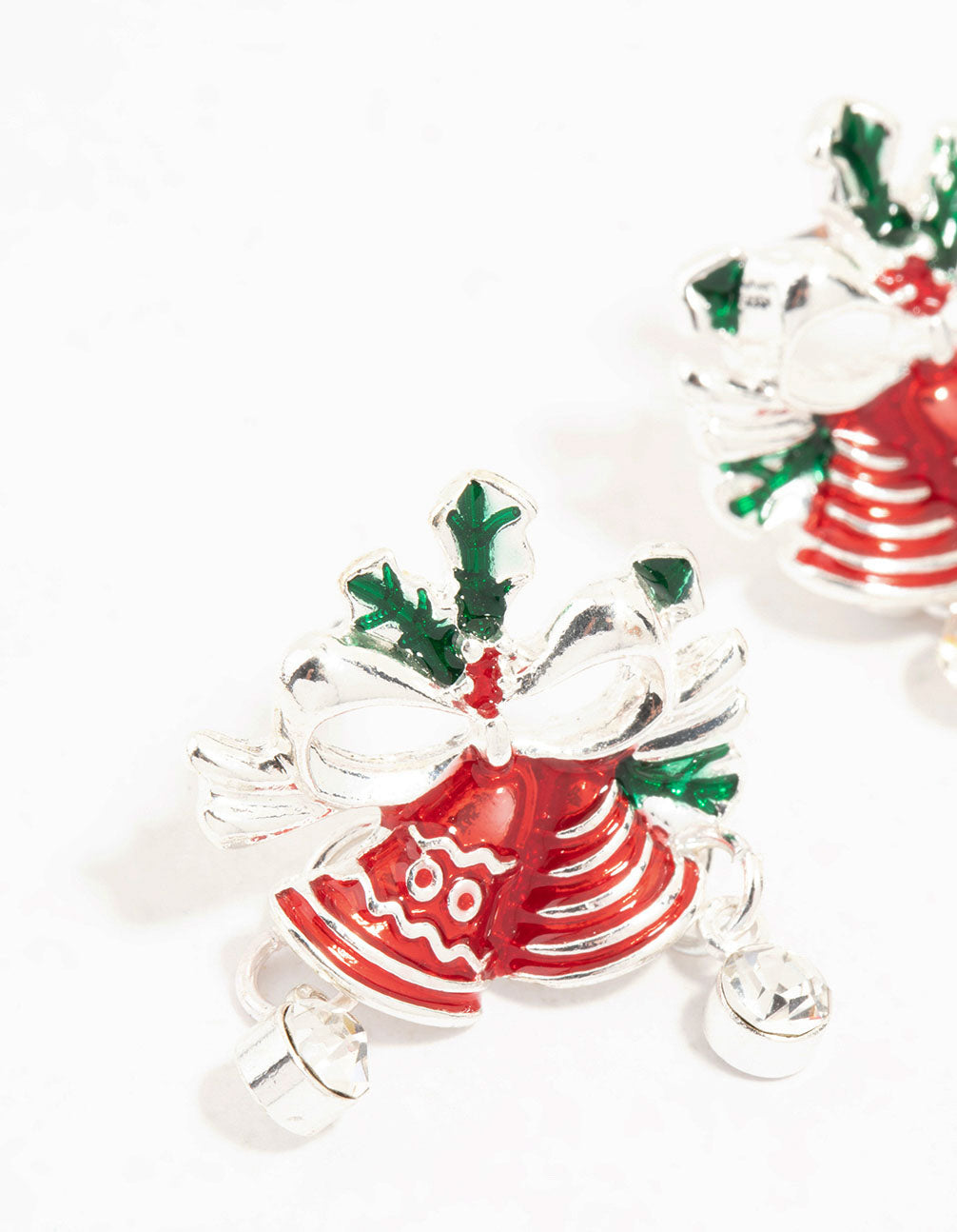 Red & Green Diamante Bells Silver Stud Earrings