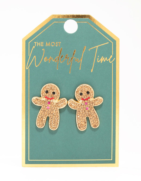 Gold Diamante Gingerbread Man Stud Earrings