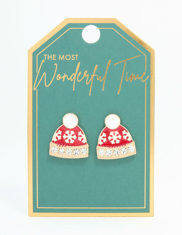 Red Winter Beanie Gold Earrings