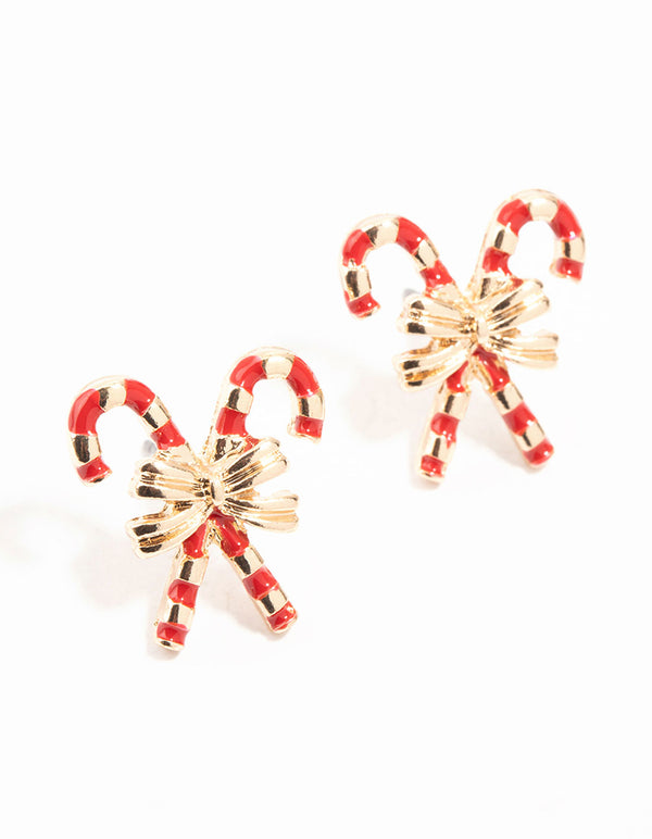 Gold Double Candy Cane & Bow Earrings
