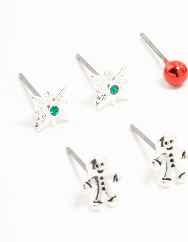Gingerbread Man & Red Bow Stud Earrings 12-Pack