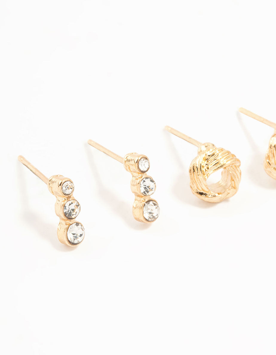 Gold Pearl & Diamante Stud Earrings 3-Pack