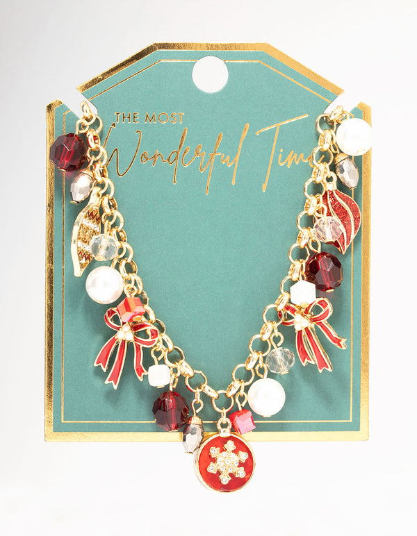 Red Bow & Beads Gold Charm Necklace