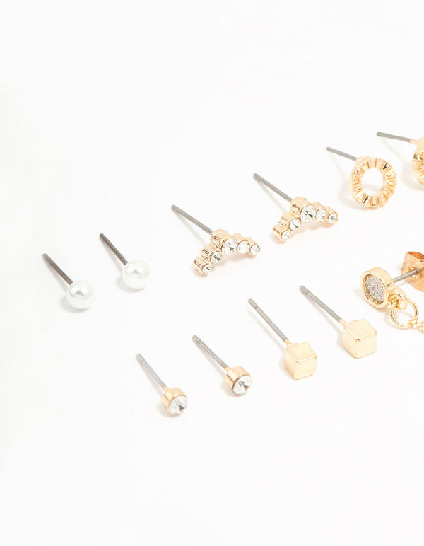 Gold Stud & Chain Diamante Earrings 8-Pack