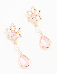 Gold Flower, Pearl & Pink Pear Diamante Drop Earrings - link has visual effect only