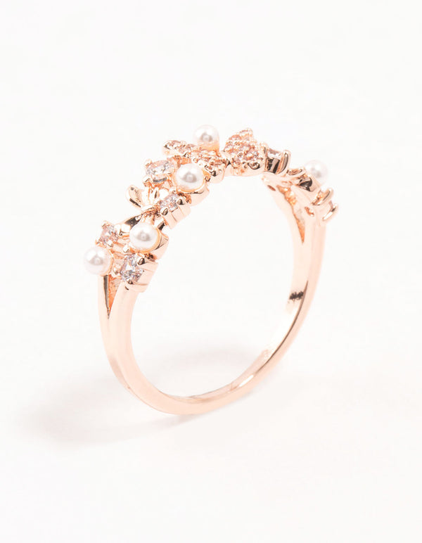 Rose Plated Gold Butterfly Pearl Band Ring