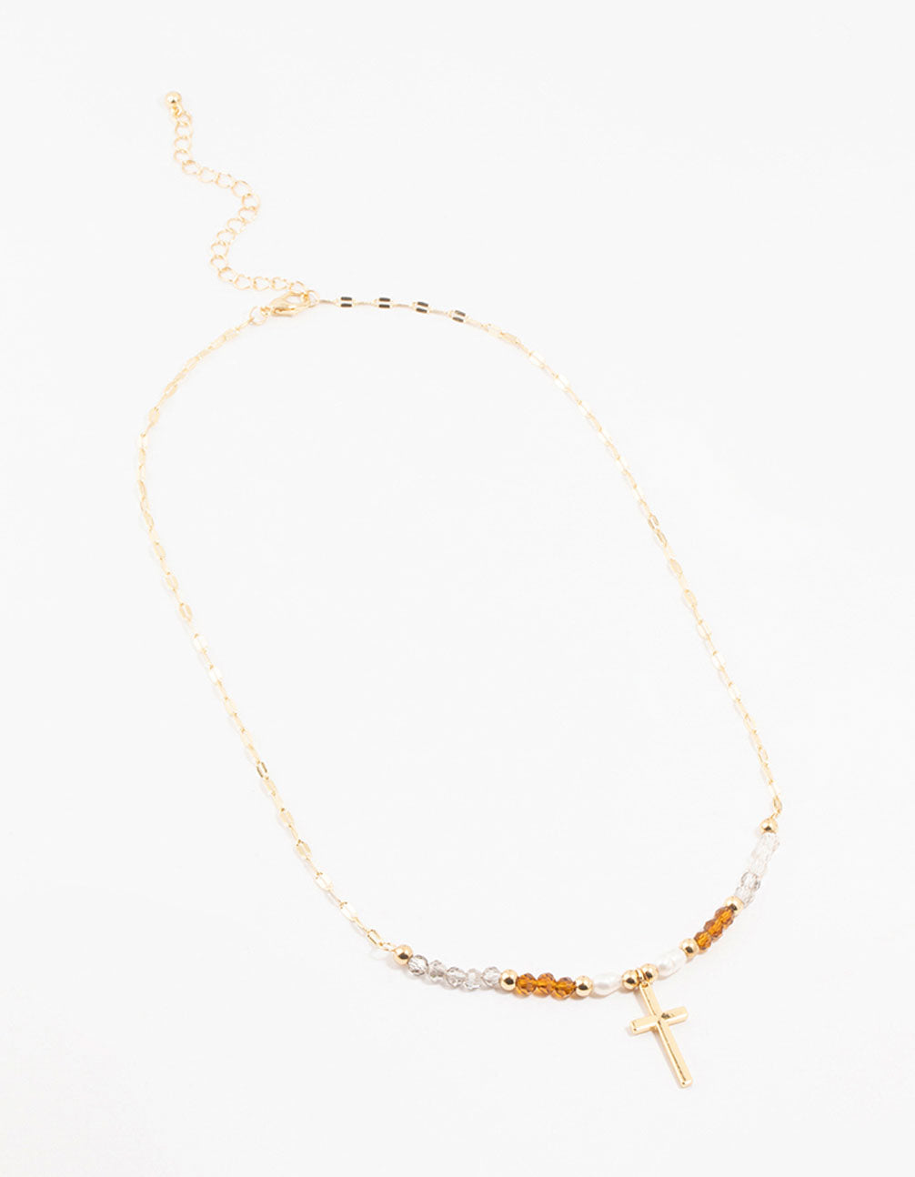 Gold Plated Bead & Pearl Cross Necklace