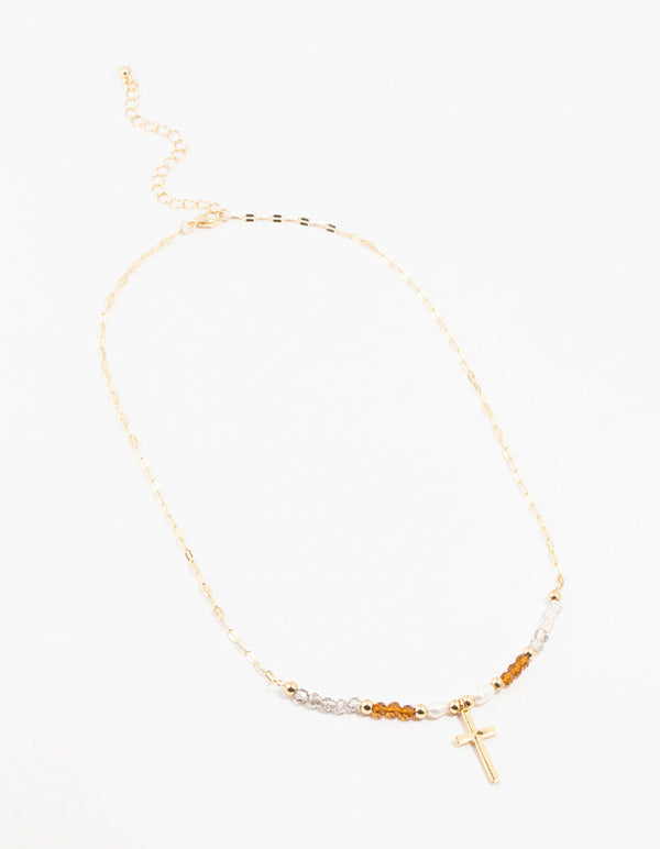 Gold Plated Bead & Pearl Cross Necklace