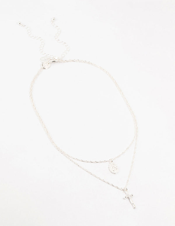 Silver Plated Mary Hammered Cross Necklaces 2-Pack