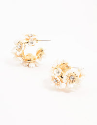 Gold Pearlised Flower Medium Hoop Earrings - link has visual effect only