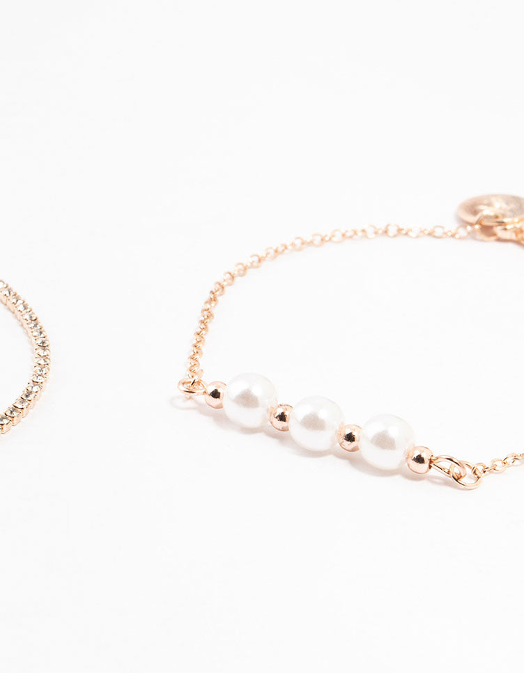 Rose Gold Pearl & Diamante Chain Bracelets 4-Pack