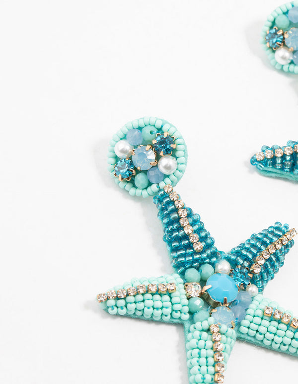 Blue Beaded Starfish Drop Earrings
