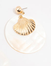 Cream Genuine Shell Disc & Gold Ribbed Genuine Shell Drop Earrings - link has visual effect only