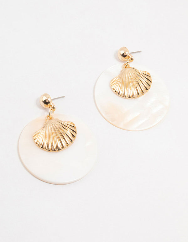 Cream Genuine Shell Disc & Gold Ribbed Genuine Shell Drop Earrings