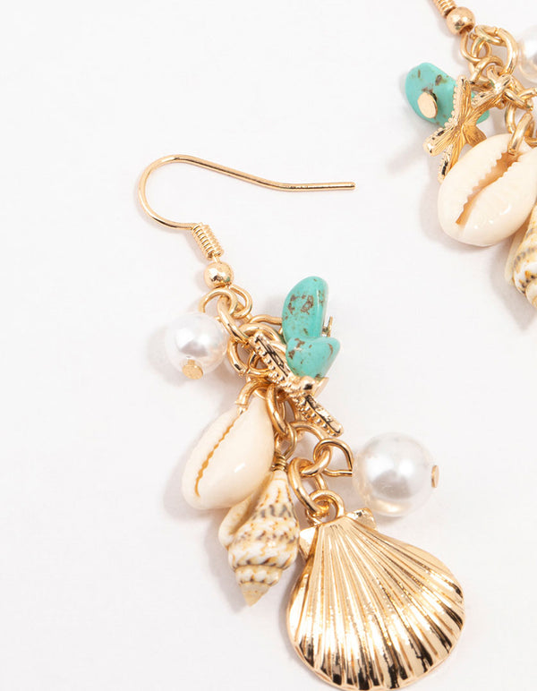 Gold Genuine Shell, Pearl & Blue Stone Drop Earrings
