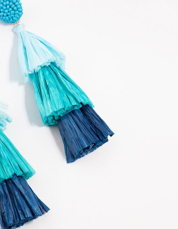 Layered Blue Raffia Tassel Drop Earrings