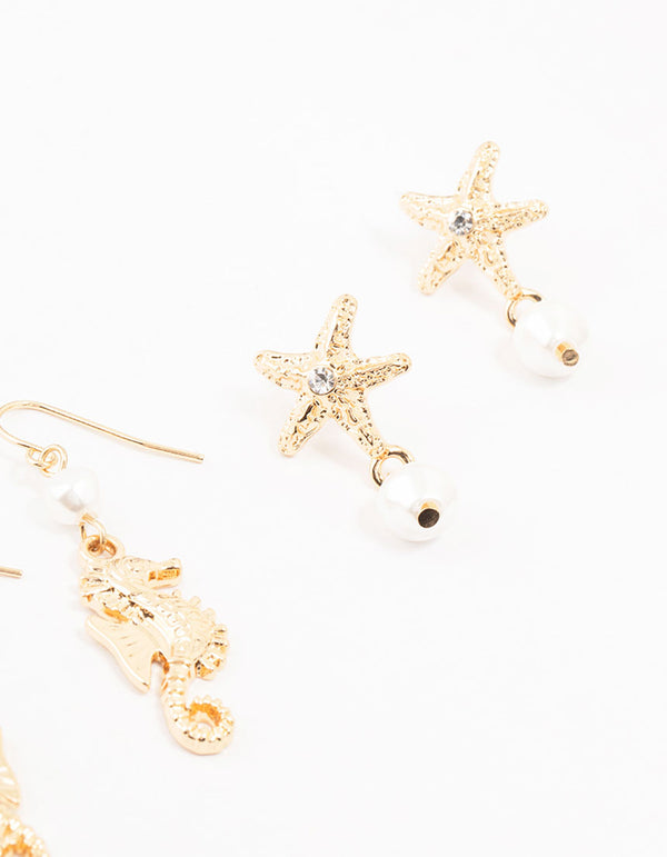 Ocean Sea Creature Gold Earrings 3-Pack
