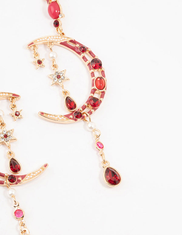 Gold Celestial Red  Stone Drop Earrings