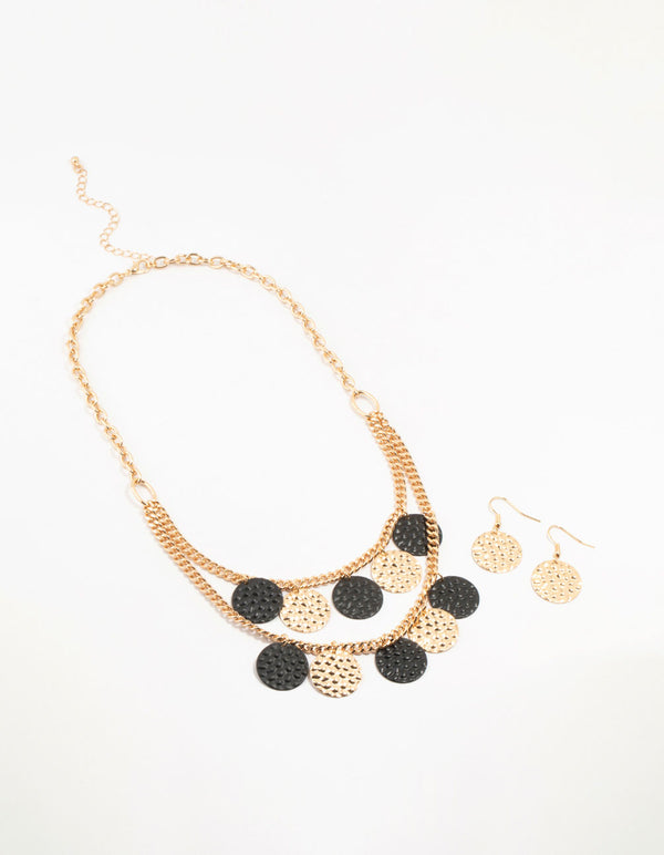 Black & Gold Molten Disc Necklace & Earrings Set