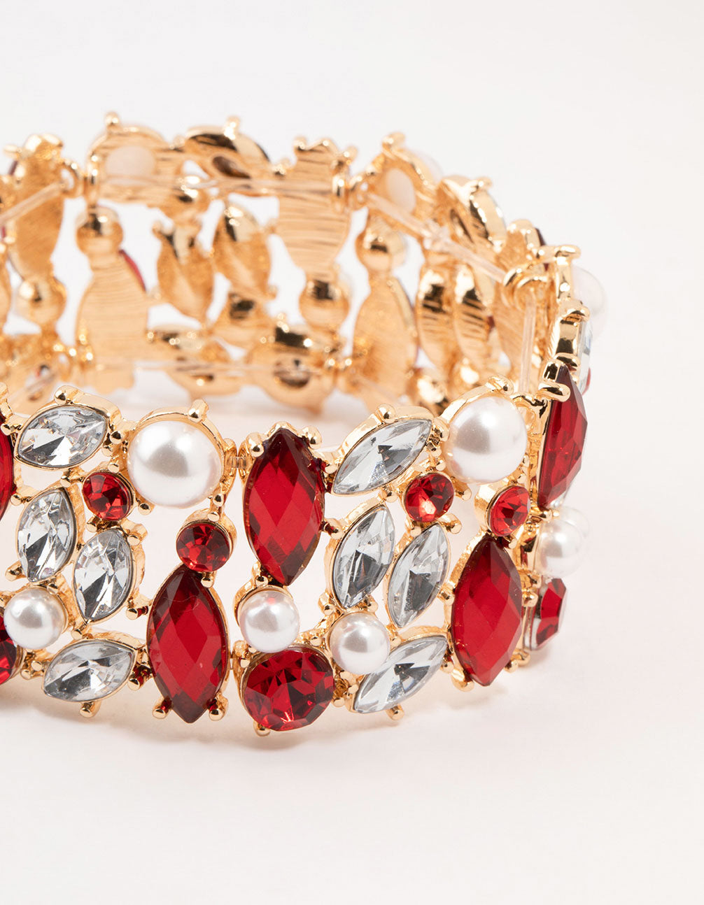 Gold Marquise Pearl & Red Diamante Stretch Bracelet