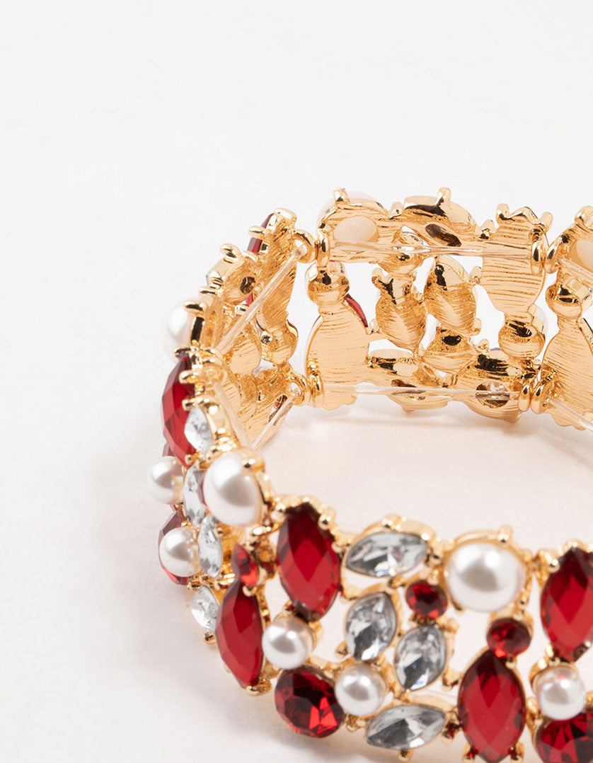Gold Marquise Pearl & Red Diamante Stretch Bracelet