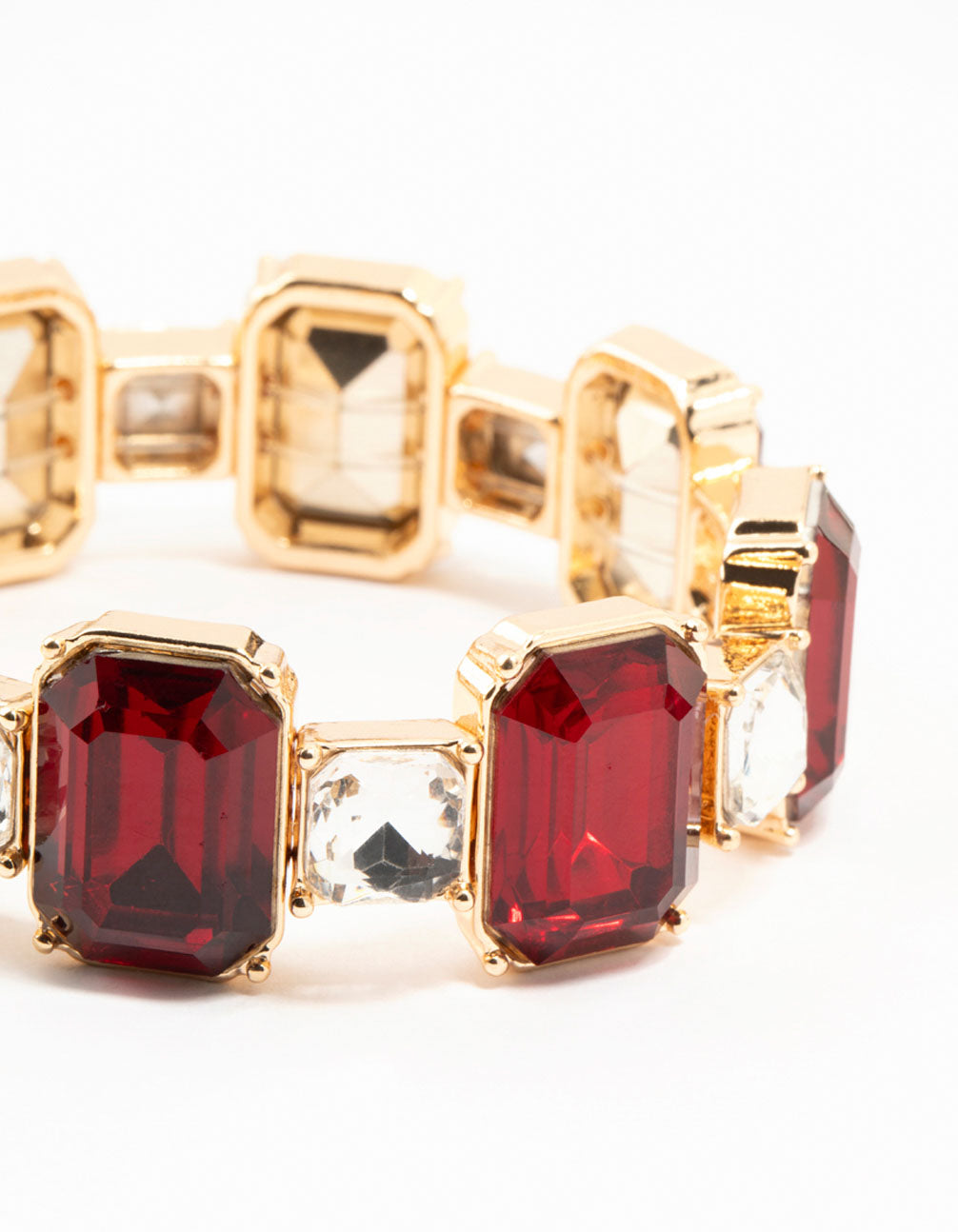Gold Red Rectangular & Square Diamante Stretch Bracelet