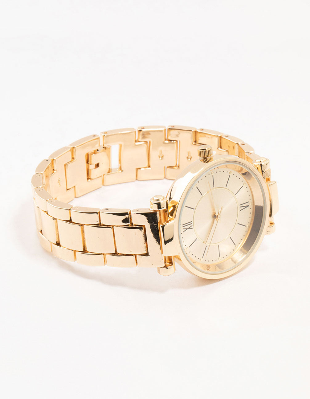 Showcasing a gold round roman numeral watch featuring white dial, formal styling, women's analog timepiece with link band front view