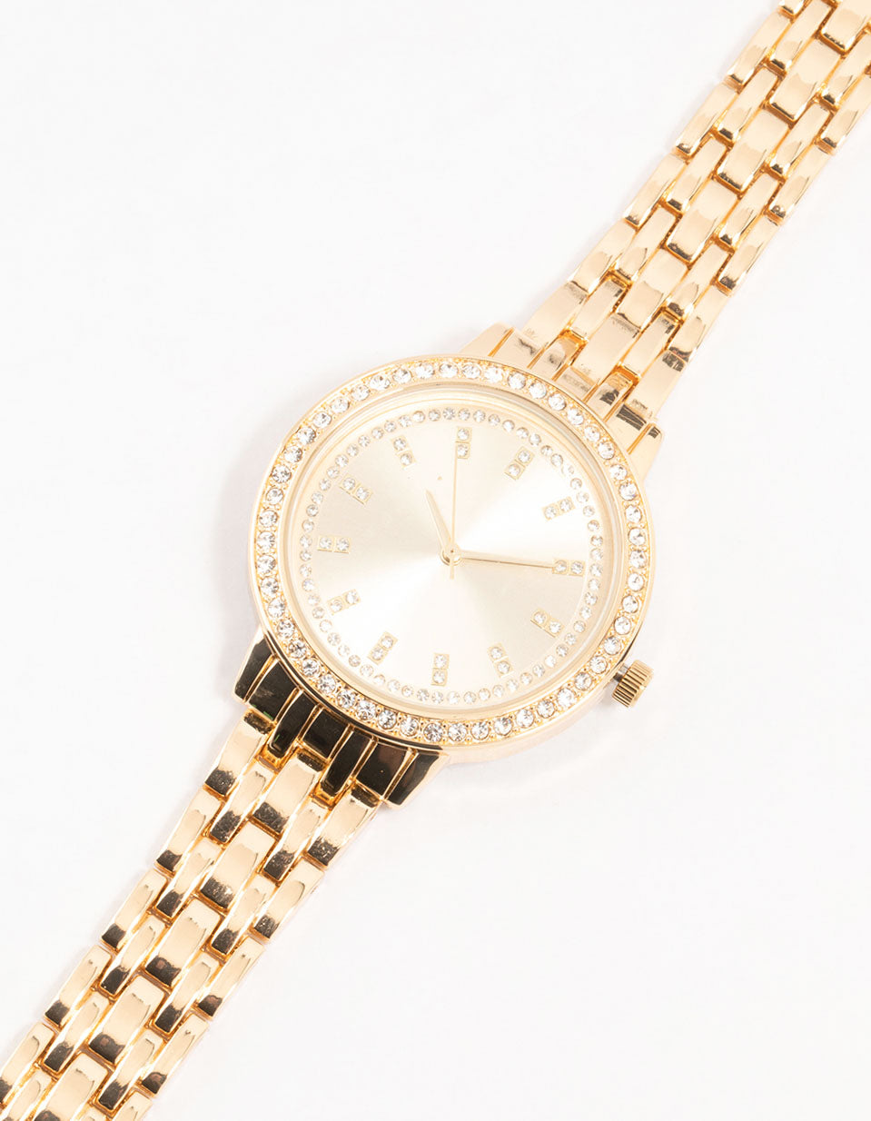 Elegant women's round watch featuring a clear stone-look dial with diamante details, designed with a casual analog display and link-band strap in gold watch face detail view
