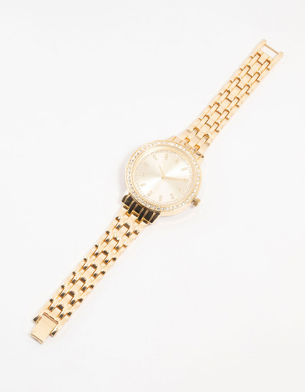 Showcasing a women's round watch featuring a clear stone-look dial with diamante details, designed with a casual analog display and link-band strap in gold front view