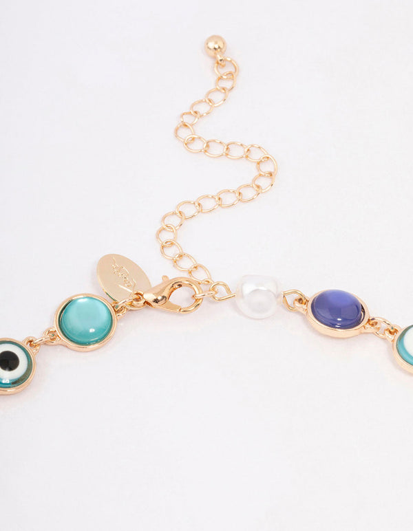 Blue Stone & Evil Eye Motif Gold Necklace