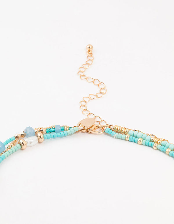 Blue Beaded, Gold & Pearl Layered Choker