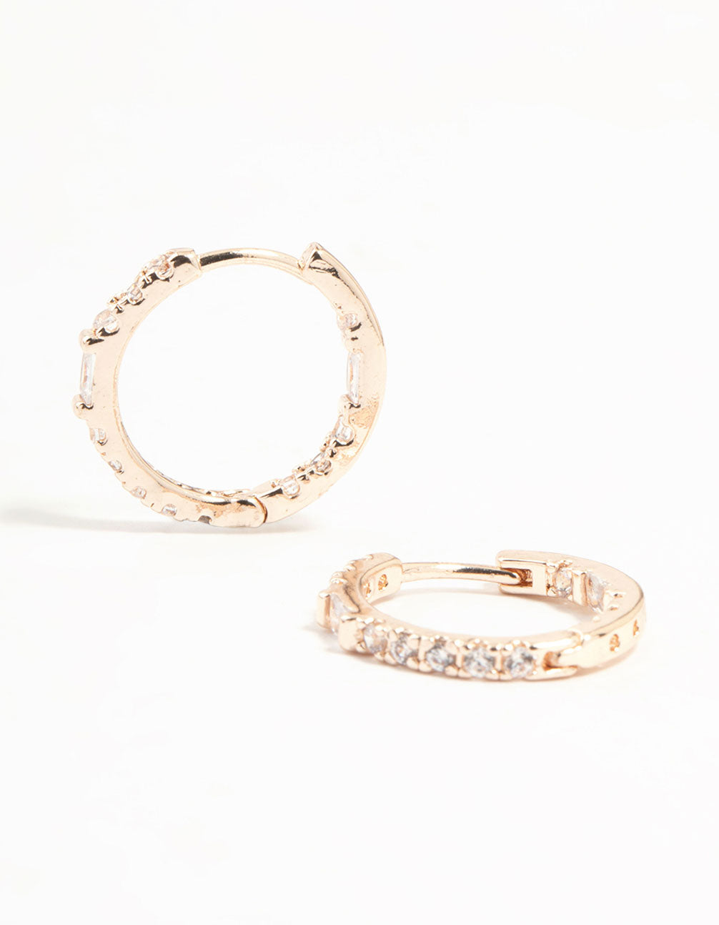 Rose Gold Plated Baguette Pave Diamante Hoop Earrings