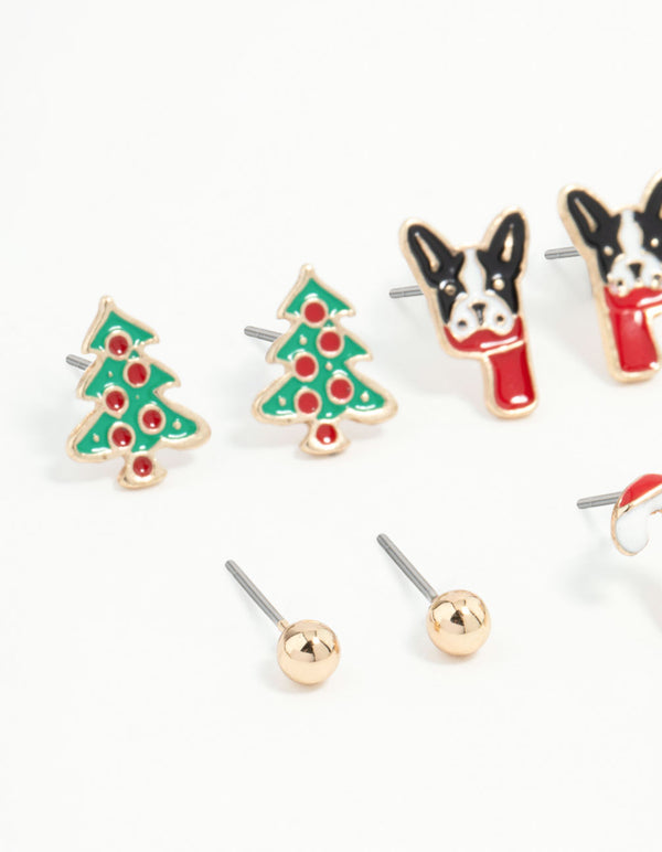 Kids French Bulldog & Candy Cane Gold Stud Earrings 6-Pack
