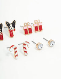 Kids French Bulldog & Candy Cane Gold Stud Earrings 6-Pack - link has visual effect only