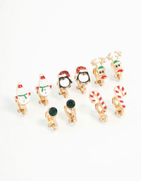 Kids Penguin & Candy Cane Clip On Gold Earrings 5-Pack - link has visual effect only