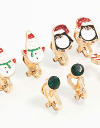 Kids Penguin & Candy Cane Clip On Gold Earrings 5-Pack - link has visual effect only