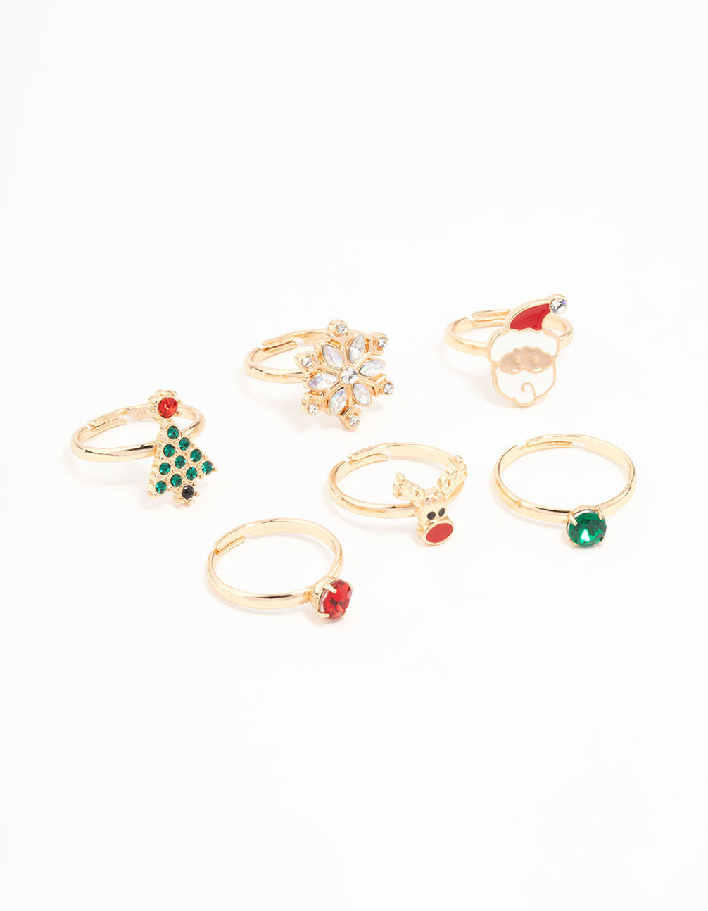 Kids Christmas Tree & Reindeer Silver Rings 6-Pack