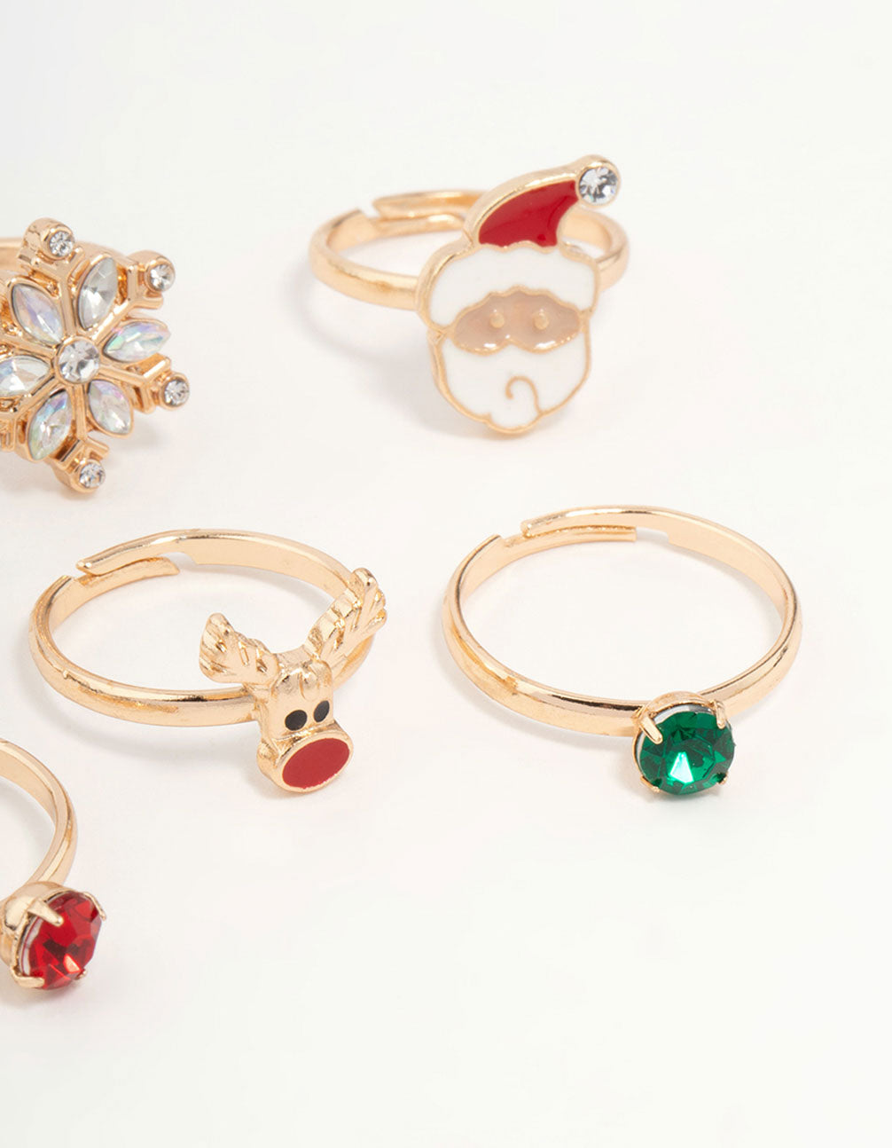 Kids Christmas Tree & Reindeer Silver Rings 6-Pack