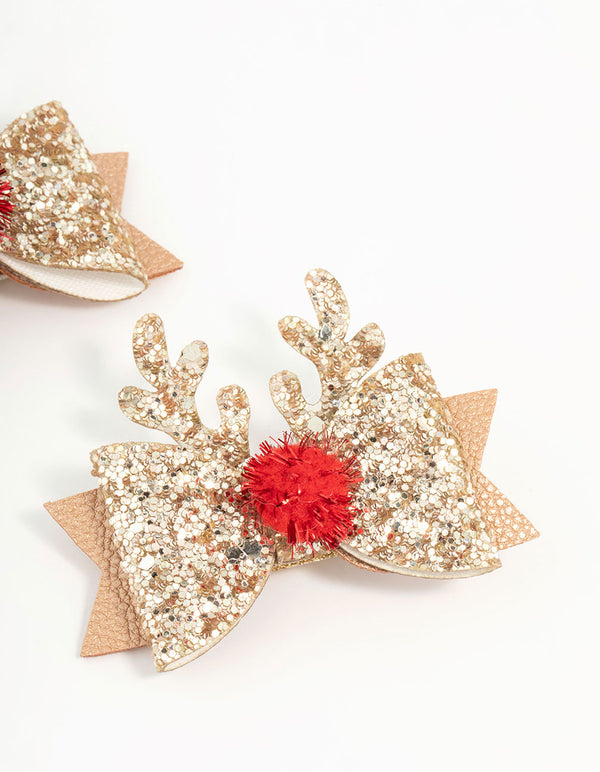 Kids Diamante Reindeer Gold Clips 2-Pack