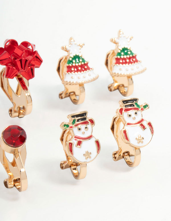 Kids Snowmen & Bells Clip On Earrings 5-Pack