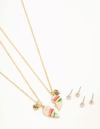 Kids BFF Heart Necklaces & Diamante Stud Earrings Gold Set - link has visual effect only