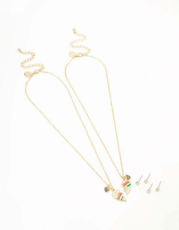Kids BFF Heart Necklaces & Diamante Stud Earrings Gold Set