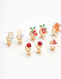 Kids Gold Gingerbread Man & Santa Hat Clip On Earrings 5-Pack - link has visual effect only